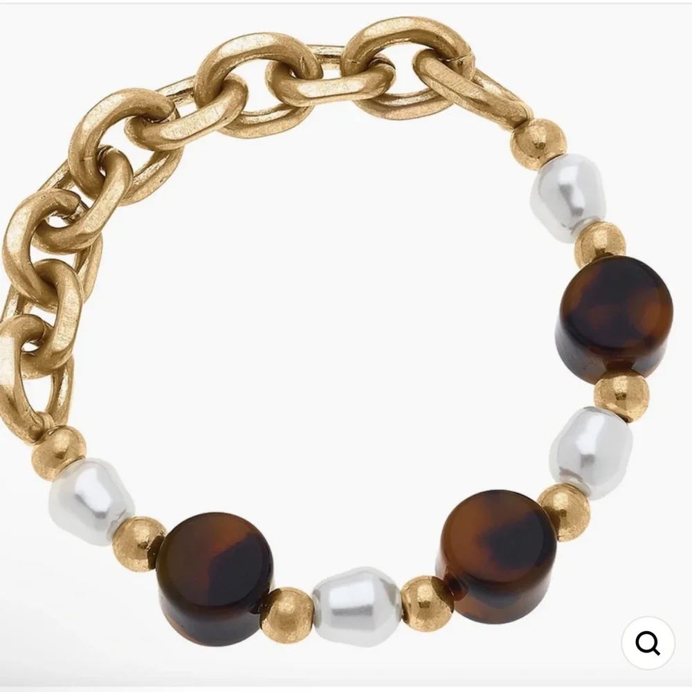 ✅Canvas Stretch Loraine Chain Bracelet Tortoise Shell n Pearl - Picture 1 of 4